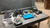 BOX W/ DRONE, RC CARS, MICROPHONES, IPAD CASE