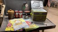 (2) ITEMS - SOFT COOLER W/VASES + BOX W/FIRE POT, CANDLE CHANDELIERS