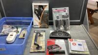 TOTE W/LASER LEVEL, DOOR HANDLES, GATE HINGE,