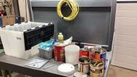 TOTE W/ SHELF BRACKETS, MISC TOOLS , SMALL NAILS, RESISTOR