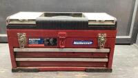 RED METAL TOOLBOX WITH VERY FEW CONTENTS