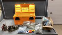 YELLOW TOOLBOX W/ HAND PLANES, PLUMBING FITTINGS,