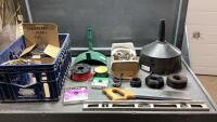 CRATE W/BACK SAW, FUNNEL, WIRE, LEVEL, GEAR CLAMPS,