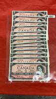 (13) 1954 CANADA $2 BILLS W/ SEQUENTIAL SERIAL NUMBERS