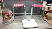 (2)SMALL FOLDING STOOLS + WEBER RAPID FIRE CHIMNEY STARTER, BATHROOM SCALE