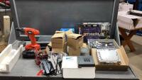 MITRE BOX, B+D 18V DRILL + 2 BATTERIES , SMALL FANS, COMPUTER COMPONENTS,