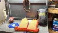 BOX W/LIFE JACKET, BLANKET, WEIGHT BELT, FOOTBALL, FRISBEE