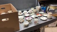 BOX WITH TEACUPS,SAUCERS, CREAM/SUGAR, PITCHER, ASHTRAYS, SMALL