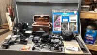 BOX OF FILM CAMERAS, LENSES, FLASH ATTACHMENTS