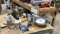ELECTRIC MEAT GRINDER W/ CABELA EXTRA BLADE , MEAT SCALE, BIALETTI COFFEE MAKER,