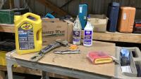 BOX OF SHOP SUPPLIES - LUBRICANTS, AIR FILTER FOR KAWASAKI BIKE, LOCKING PLIERS, TRAILER LIGHT