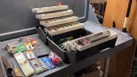 BLACK HAWK HARD SHELL TACKLE BOX WITH CONTENTS -HOOKS, LINE, KNIFE