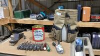 TOOL BAG OVER BUCKET, BALL HITCH, SCREWDRIVERS, NUT DRIVERS