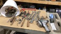 PAIL W/ MISC TOOLS - WRENCHES, CAMPBELL HAUSFELD AIR RATCHET, SCREWDRIVERS,