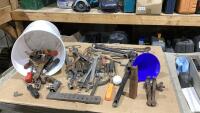 PAIL OF MISC TOOLS - WRENCHES, SCREWDRIVERS, SMALL HAND VICE,