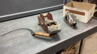 BOX W/ SICKLE, STANLEY HANDYMAN PLANE, TAPE MACHINE