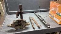 BOX W/CHEV TIRE TOOLS, ANTIQUE AUTO JACK, SCISSOR JACK