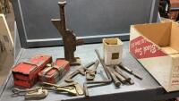 ANTIQUE AUTO JACK, ROAD FLARES , MONKEY WRENCH , STILSON PATTERN WRENCH, CHISELS