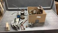 BOX W/ VINTAGE OIL CANS, CONCRETE TOOL, OIL CAN SPOUTS , HAND GRINDER