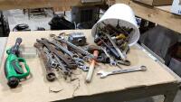 PAIL OF TOOLS - WRENCHES, PLIERS, WASH GUN,
