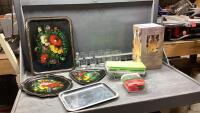 BOX W/DRINK DISPENSER, (3) VINTAGE METAL FLORAL TRAYS, NOVA SCOTIA GLASSES, \