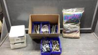 SMALL PLASTIC ORGANIZER, BOLT BINS W/ASSORTED HARDWARE