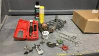BOX W/ WELLER CORDLESS SOLDERING IRON,MAC DIGITAL TIE DEPTH GAUGE, MAC TOOLS MINI CLAMP BUTANE, 7-PIN TEST PLUG & CLEANER, ETC