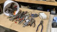 PAIL OF MISC TOOLS -WRENCHES, PLIERS, SOCKETS ETC