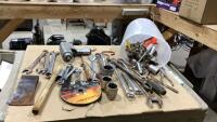 PAIL OF TOOLS - WRENCHES, AXE HEAD, LARGE SOCKETS,