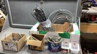 BOX W/STRIP NAILS, ASSORTED NAILS, CLAMPS, CABLE