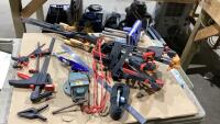 BOX W/ VARIETY OF CLAMPS, 3" VICE, WOOD WORKING VICE - 7 3/4", STRAP