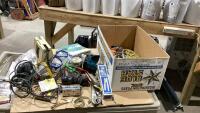 PLASTIC TOOL BOX AND BOX W/ TOOLS, FLOOD LIGHT, AIR COMPRESSOR, SOLDERING GUN, TILE NIPPERS