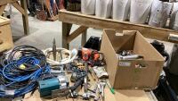 BOX W/ TROUBLE LIGHT, JIG SAW, HEAT GUN, SPADE BITS, HACK SAW, VICE GRIPS, DRILL