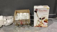 CHERRY PITTER + BOX W/ OLYMPIC GLASSES