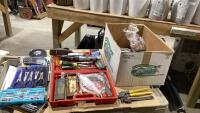 BOX W/ MISC TOOLS - VIEC GRIPS, CHISEL SET, MASTERCRAFT MINI PLIERS, POWERFIST TAP & DIE SET