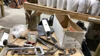 BOX OF SHOP SUPPLIES - HACK SAW, HAND DRILL, CHIPPING HAMMER, CROWBAR, ETC