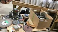 BOX W/ SANDERS, GRINDING DISCS, AIR SANDER AND CRAFTSMAN ROUTER