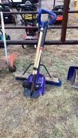 BUNDLE OF YARD TOOLS - BROOM, EDGER, SHOVEL, WASH BRUSH