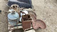 (2) ANTIQUE CREAM CANS, TRACTOR SEATS, PORCELAIN INSULATORS, YOKE, LEG TRAPS