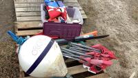 PALLET W/ BUOYS, CHILD LIFE JACKETS & CHAIRS, SPRINKLERS,