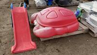 PLASTIC STEP 2 COVERED "CRAB" SANDBOX, LITTLE TIKES SMALL SLIDE & TOY LAWNMOWER