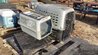 PALLET W/ (4) DOG KENNELS - DIFFERENT SIZES AND A HEATED PAD