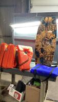 O&rsquo;BRIEN WAKE BOARD AND BOX OF LIFE JACKETS , BOAT CUSHION
