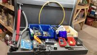 GRAY TOTE W/HACKSAW(NO BLADE), STRAPPING, TRANSFER PUMP, LOCKS, BOLT BINS AND CONTENTS