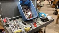 SMALL BLUE TOTE W/SOCKETS, SKIL BATTERY, EASY SQUEEZE APPLICATOR BOTTLES, HOLE PUNCH SET, SKIL 3/8&rdquo; CORDLESS RATCHET
