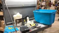 BLUE TOTE W/ CROWBAR, SCREWS, MAGNET, CAULKING GUN, FUNNEL