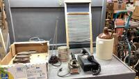 WASH BOARD, ROTARY WALL PHONE, FLOWER SIFTER, ELECTRIC IRON,
