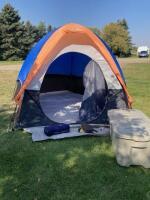 SHELF #10 - 2 LARGE TOTES -WITH 2 TENTS, 1 SUNROOM, INFLATABLE MATTRESS WITH PUMP