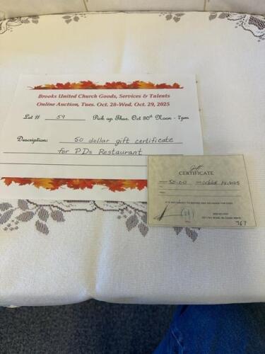 $50 gift certificate for PD&rsquo;s restaurant