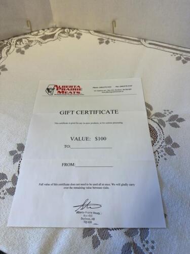 $100 gift certificate to Alberta Prairie meats in Duchess